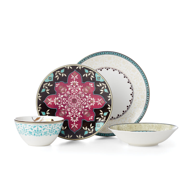 Lenox Global Tapestry aqua 4-piece place setting: floral plates and bowls, ornate trim.