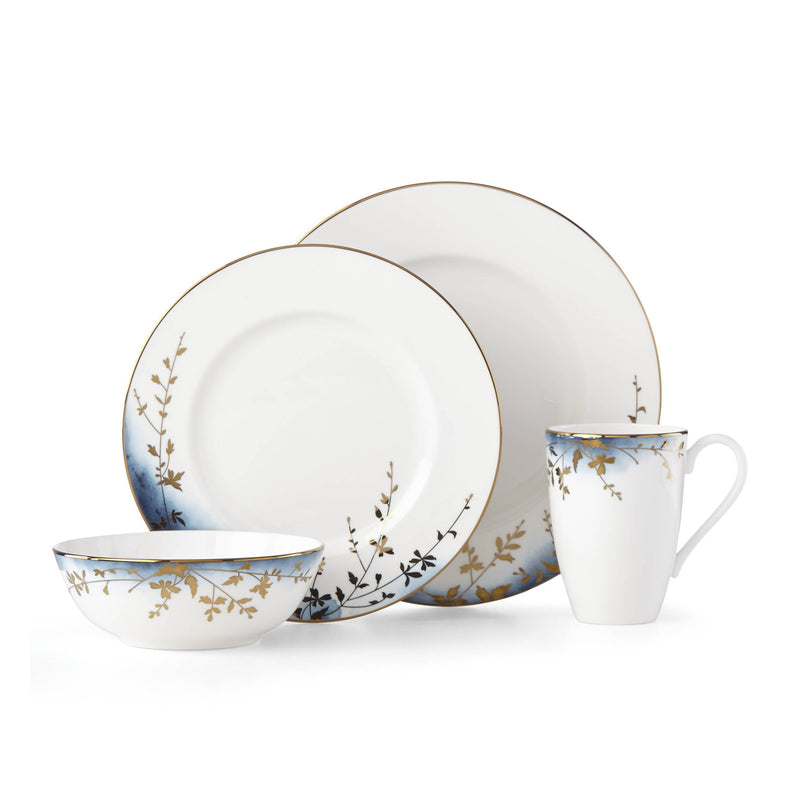 Highgrove Park 4-piece place setting: white porcelain plates, bowl, and mug with blue floral accents