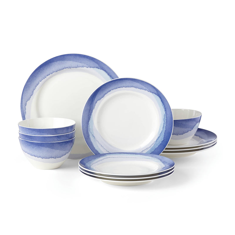 Lenox indigo watercolor stripe dinnerware set with plates and bowls in blue and white
