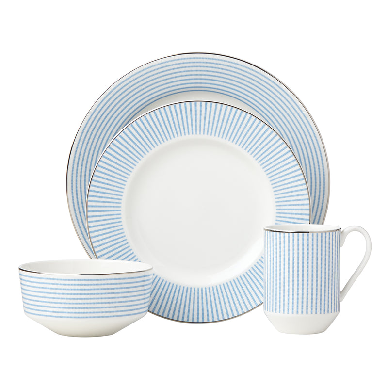 Kate Spade New York ceramic place setting with blue striped plates, bowl, and mug