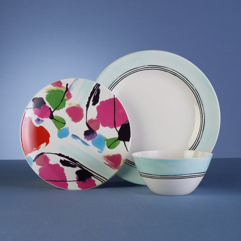 Lenox Manarola dinnerware set: floral dinner plate, blue-striped bowl, service for 4