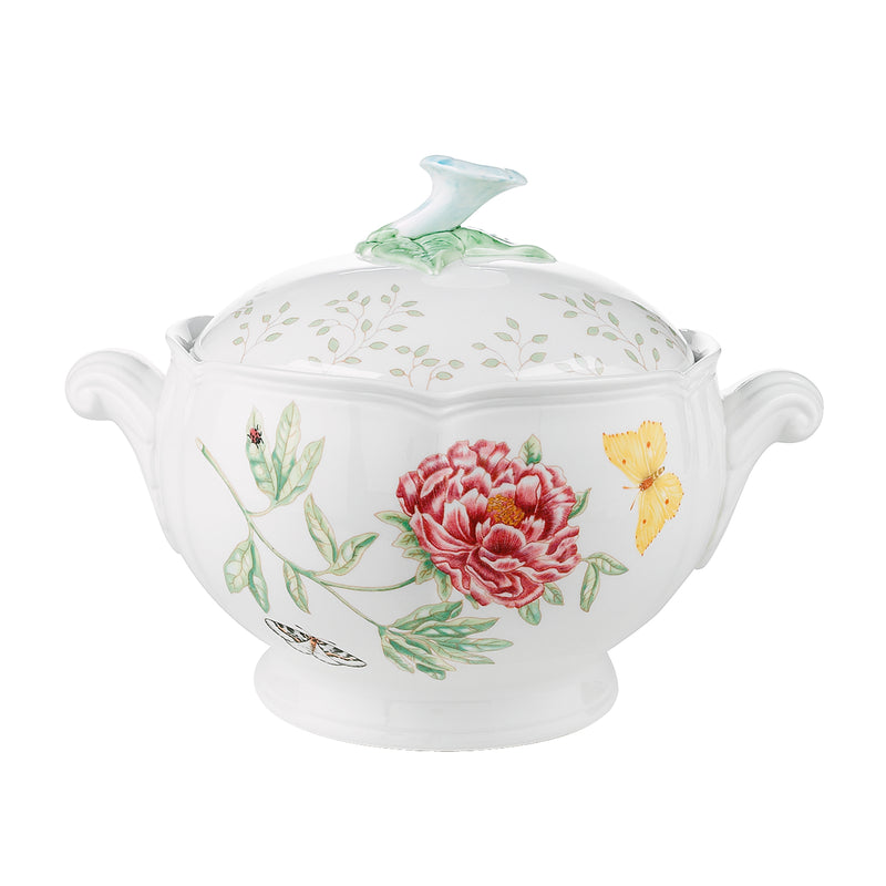 Porcelain covered serving dish with butterfly and pink rose floral design