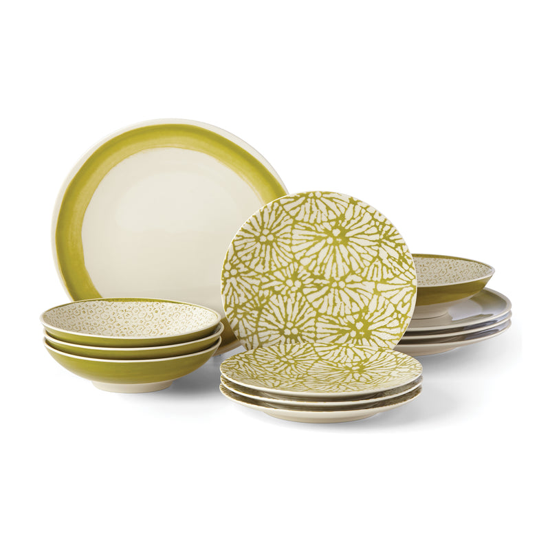 12-pc dinnerware set with moss green rims and gold patterned plates and bowls