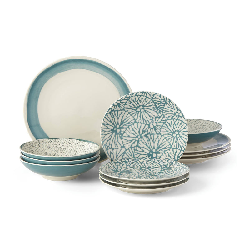 Teal 12-piece dinnerware set with blue floral pattern and striped rims