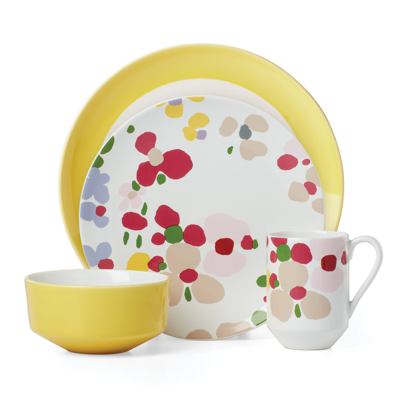 Nolita 4-pc place setting with yellow bowl, floral-pattern plate, and matching mug