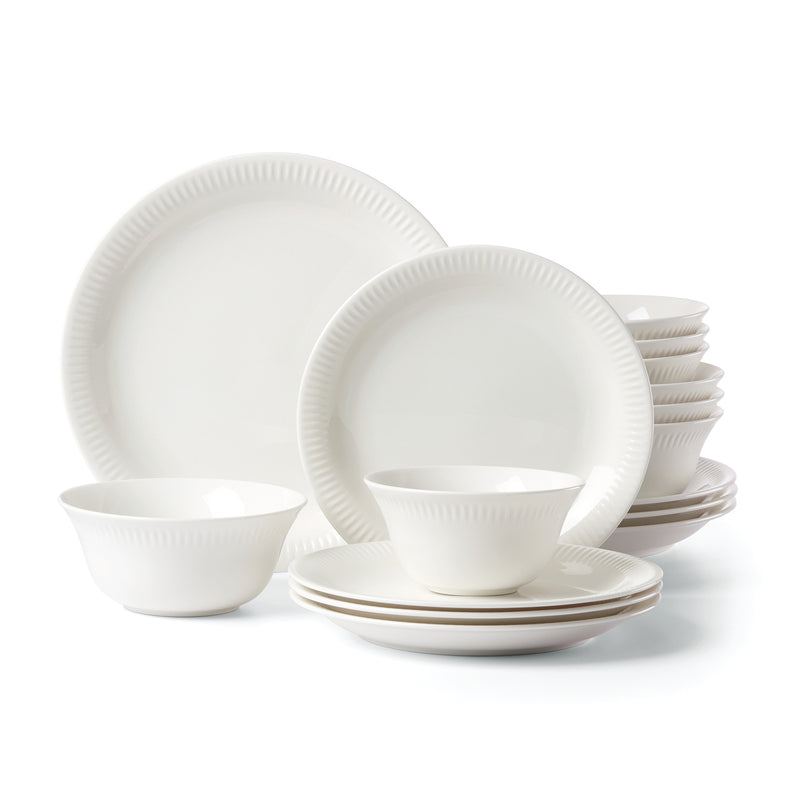 White Lenox Profile dinnerware set with gold-trim plates and bowls, assorted pieces