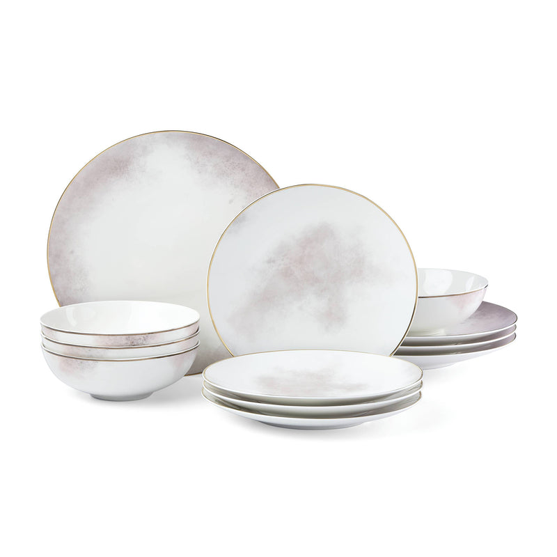 Porcelain dinnerware set with white plates, bowls, watercolor pattern and thin gold rims