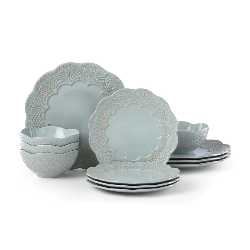 12-piece dinnerware set with light blue patterned plates and bowls