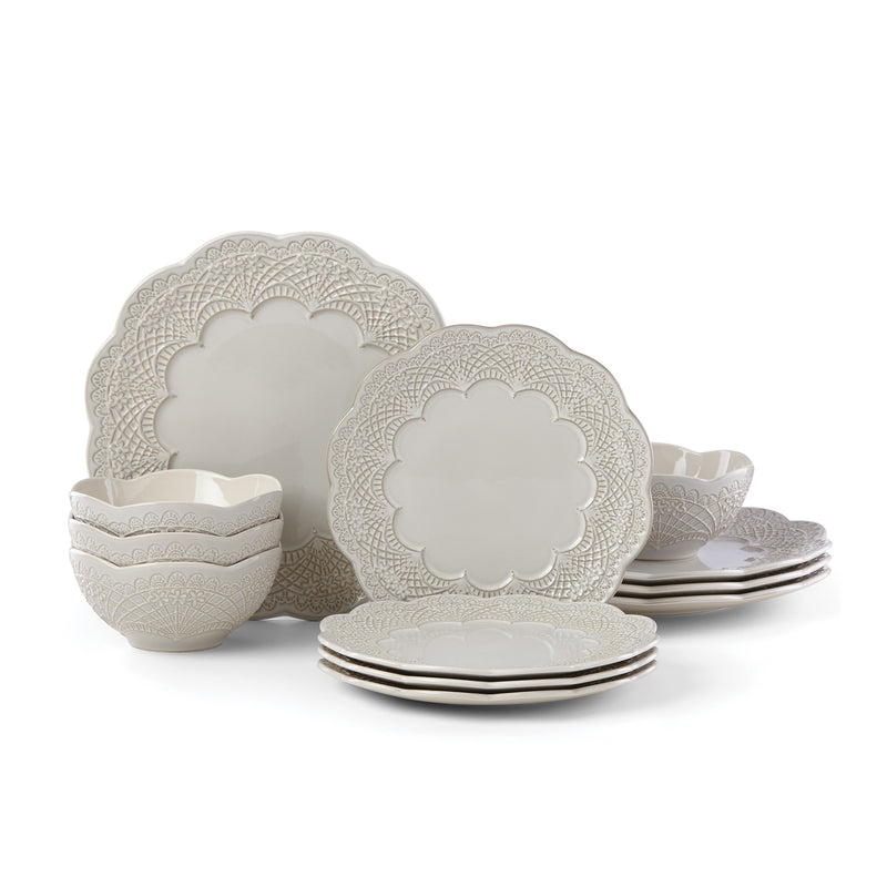 Lenox grey porcelain dinnerware set with scalloped floral pattern, plates and bowls