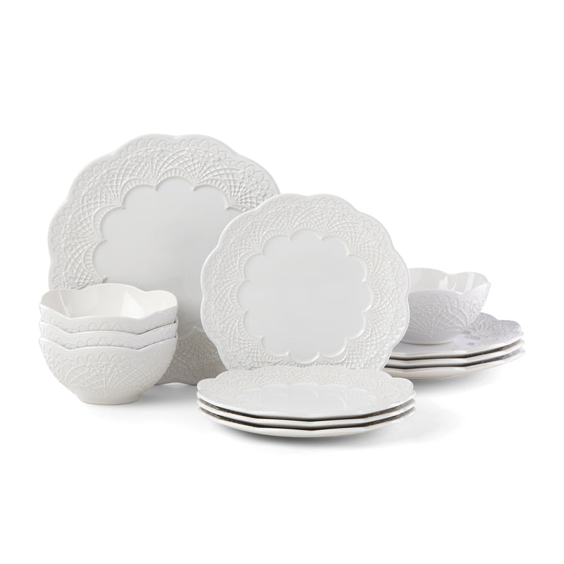 Lenox Chelse Muse White 12-piece dinnerware set with scalloped embossed plates and bowls