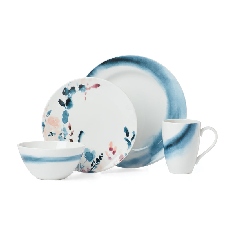 Lenox Smoky Bloom 4-piece dinnerware set: blue floral plate, bowl, and mug