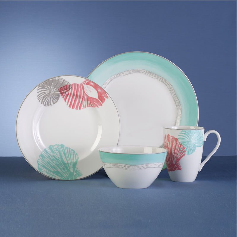 Porcelain dinnerware set with seashell motifs, turquoise rim trim for 4, 16-pc.