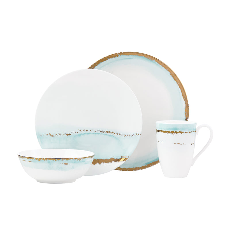 Lenox Spring Radiance 4-piece place setting: blue plates, gold rim bowl, white mug
