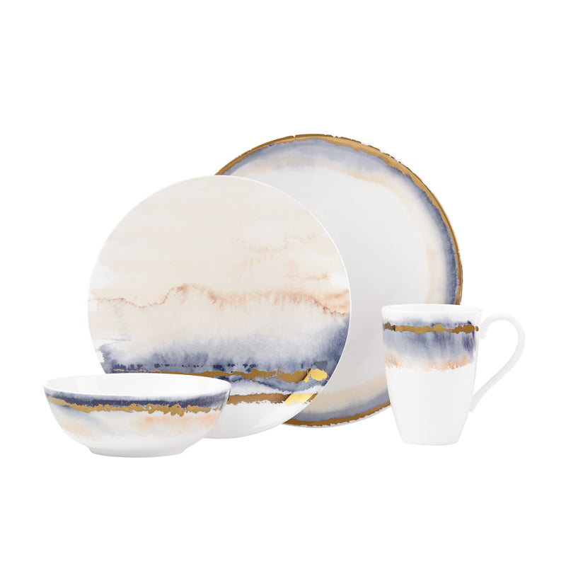 Lenox Summer Radiance 4-pc place setting: white plates, bowl, and mug with blue & gold trim