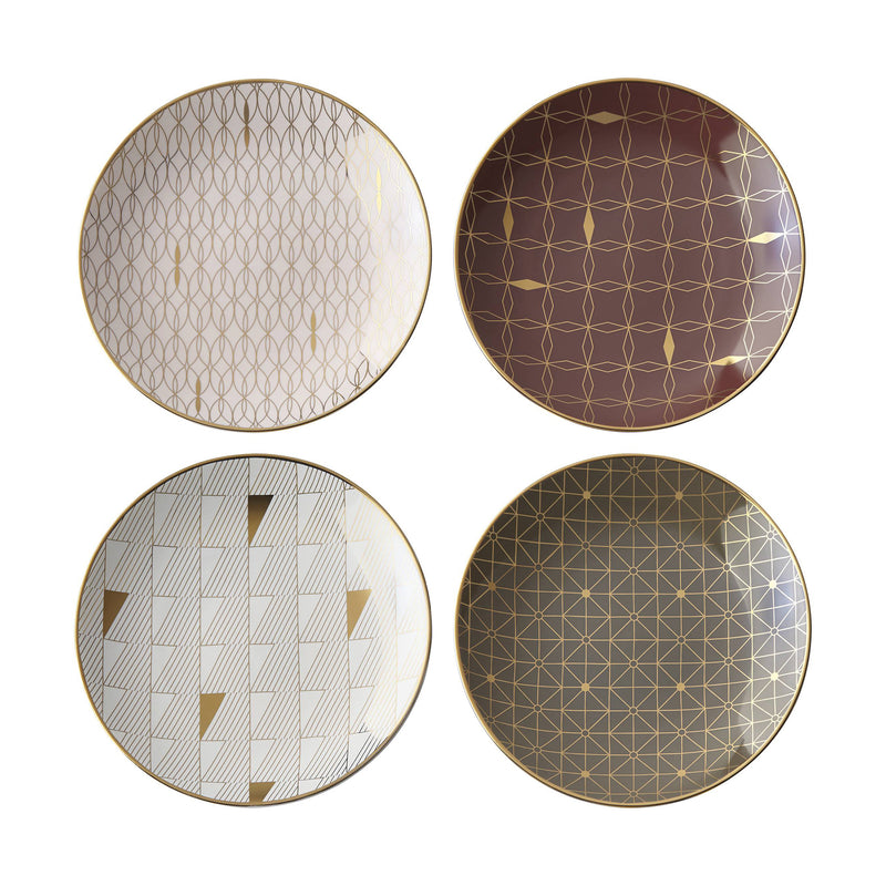 Assorted tidbit plates set of 4 with geometric lattice patterns in gold and cream
