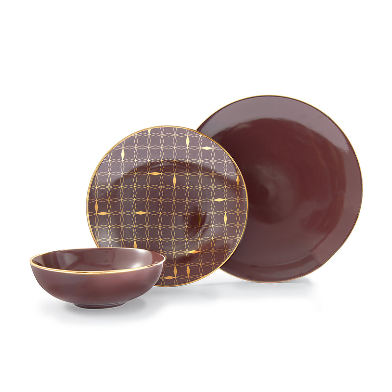 Lenox Trianna merlot dinnerware set with gold lattice rim, includes bowls and plates