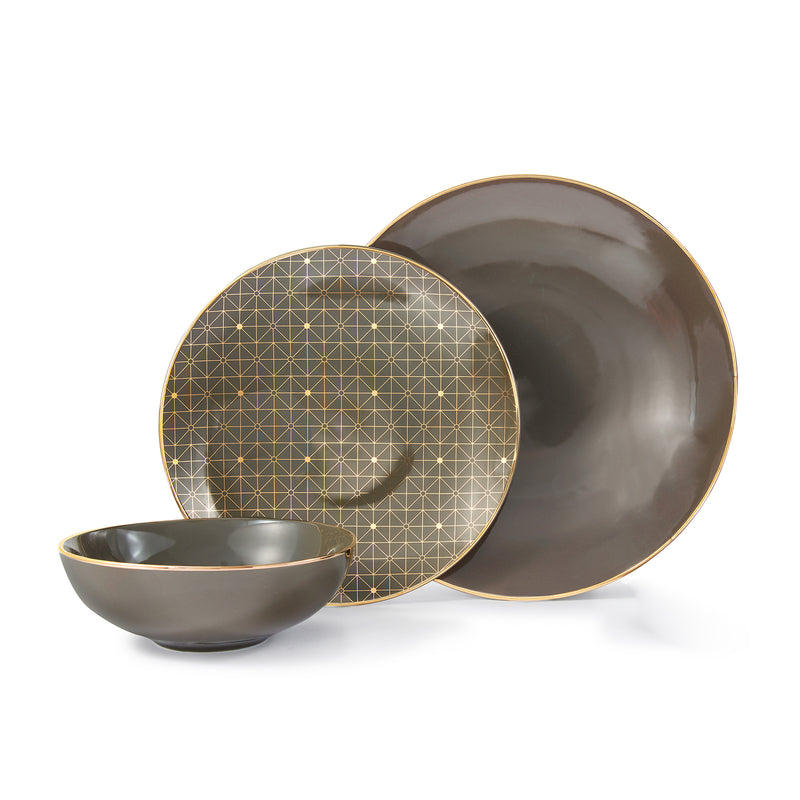 Slate gray porcelain dinnerware set with gold geometric pattern plate and bowl