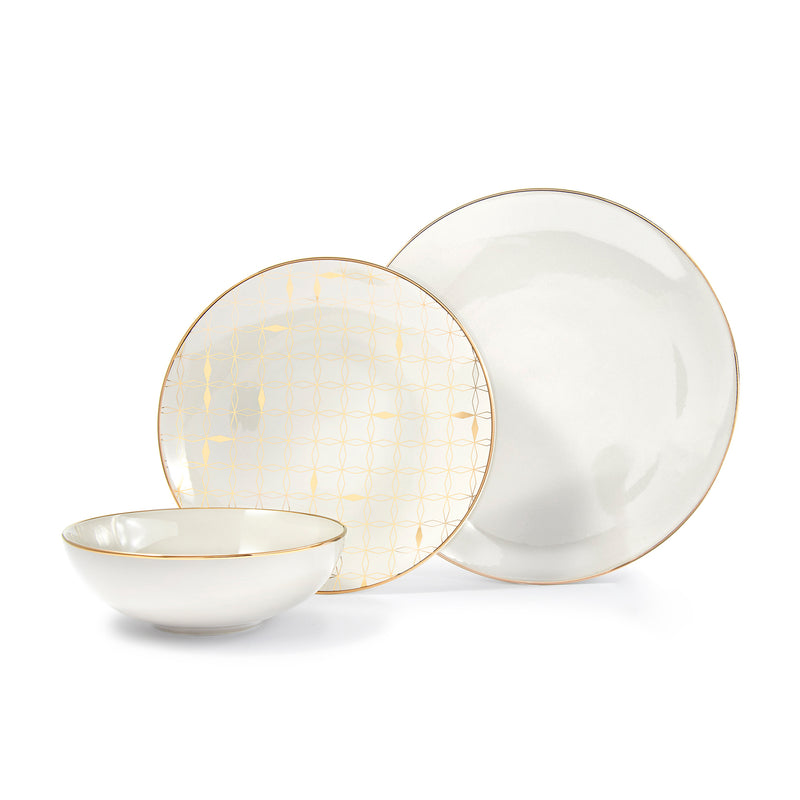 Porcelain dinner plates and bowl set with gold lattice pattern and taupe band