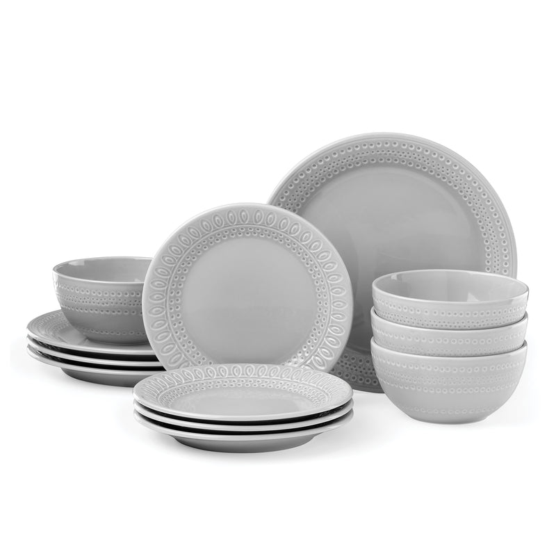 Grey ceramic dinnerware set with embossed beaded rim plates and bowls, 12-piece