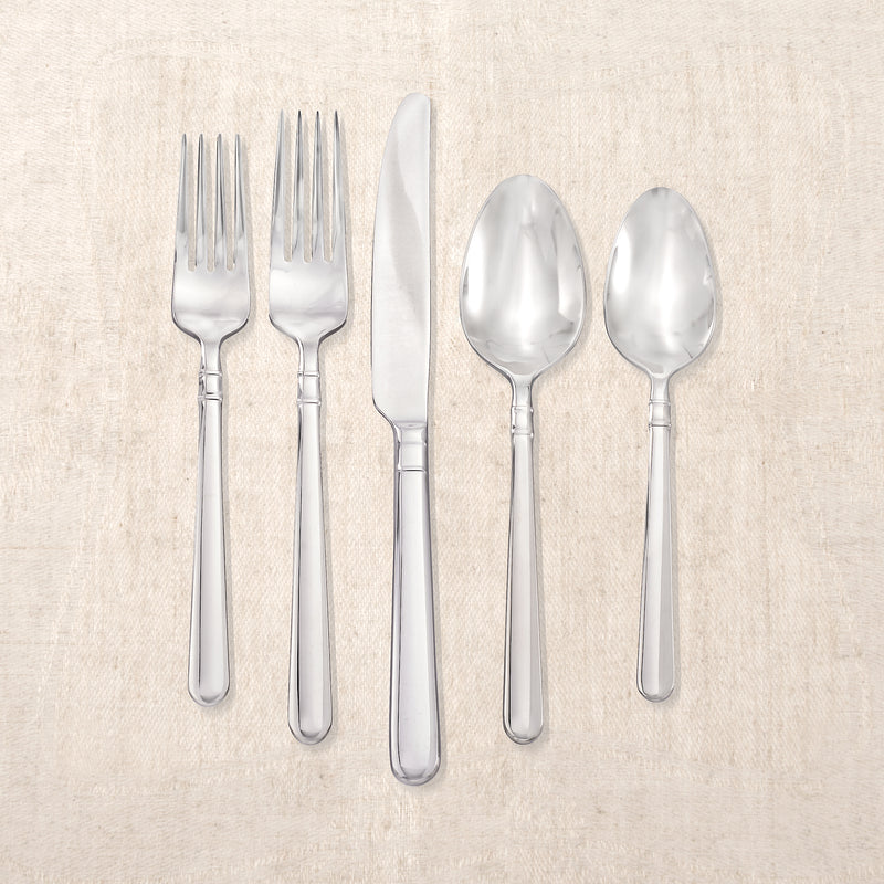 Kate Spade Carlton Street flatware set, polished stainless forks, knives, and spoons