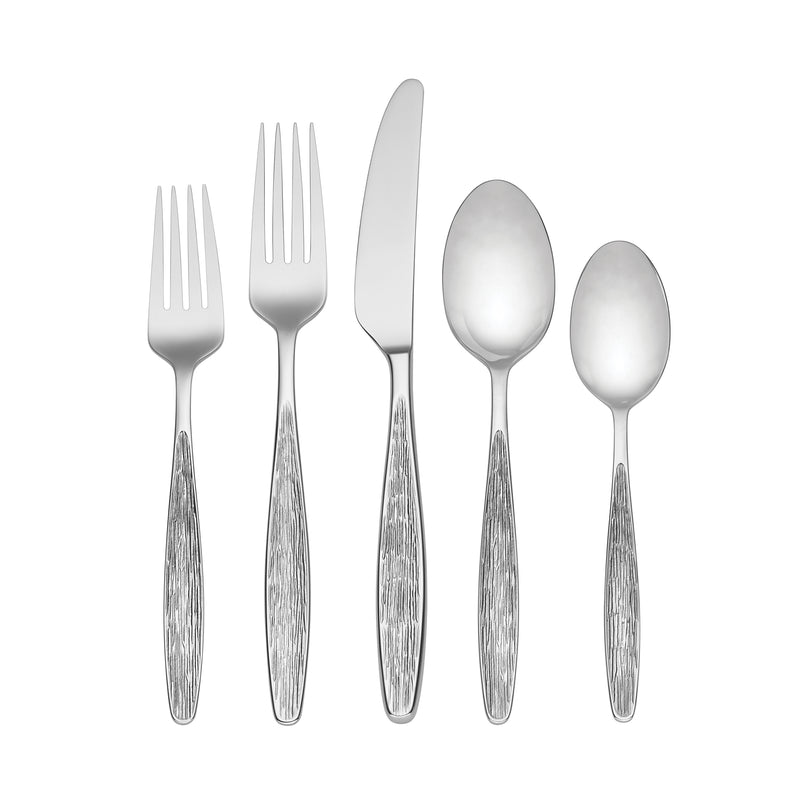 Stainless steel flatware set with fork, knife, spoon and salad fork, polished