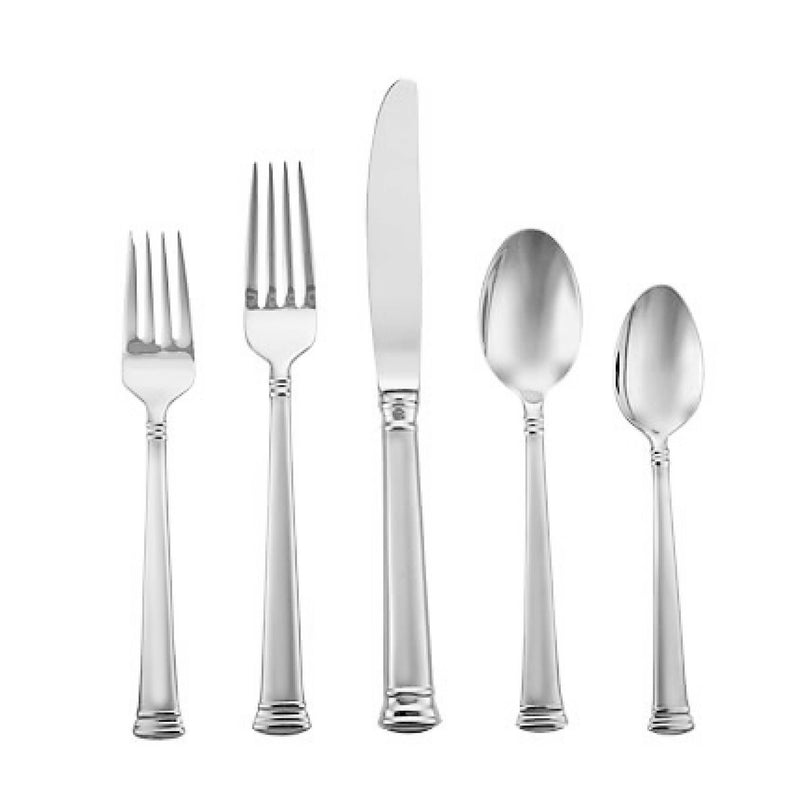 Stainless steel flatware set with forks, spoons, and serving spoon