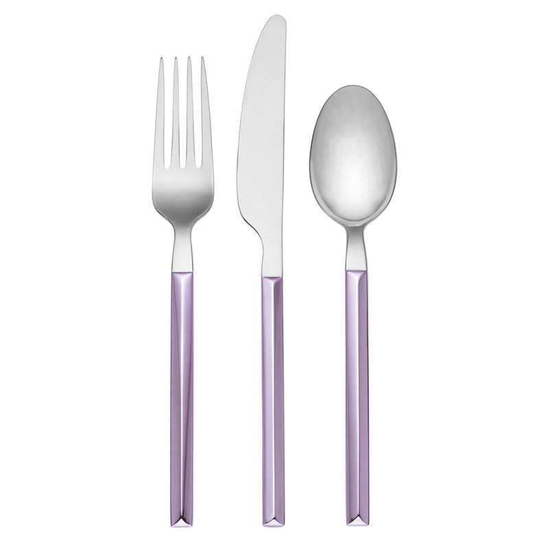 Lilac-handled stainless steel flatware pieces: fork, knife, and spoon