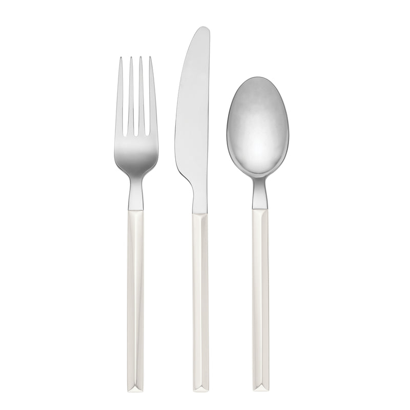 White-handled stainless steel flatware: fork, knife, and spoon set piece