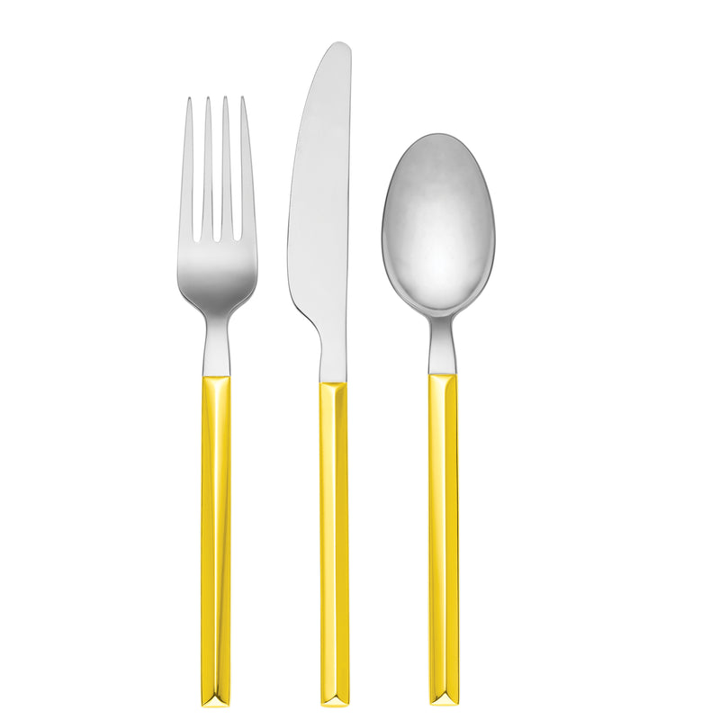 Stainless steel flatware set with yellow handles, includes fork, knife, and spoon