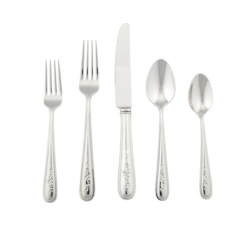 Stainless steel flatware set with ornate handles, 5-piece view