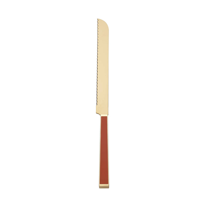Bread knife with beige serrated blade and reddish-brown handle with gold trim