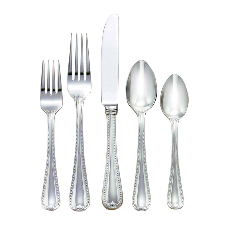 Stainless steel flatware set with 5 serving pieces and decorative beaded handles