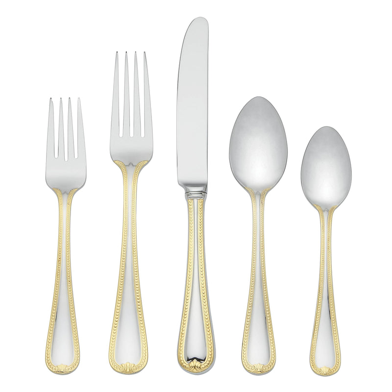 5-piece gold-plated flatware place setting with forks and spoons