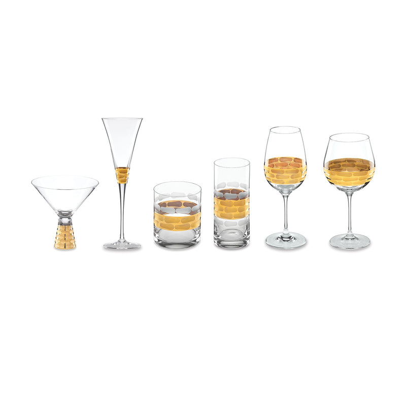 Truro crystalline barware set of six glasses with 24kt gold accents, shown with amber drink