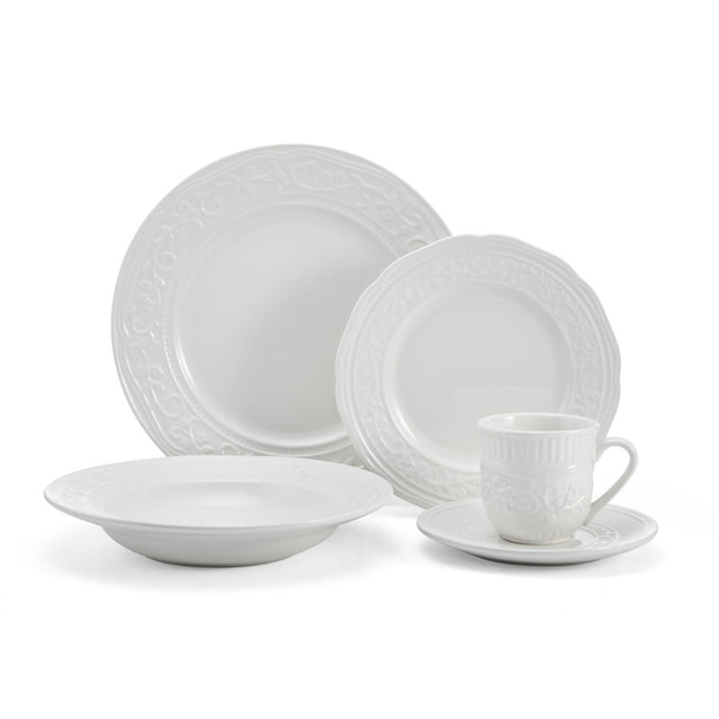 Ceramic dinnerware set for 8 with embossed white plates and teacup