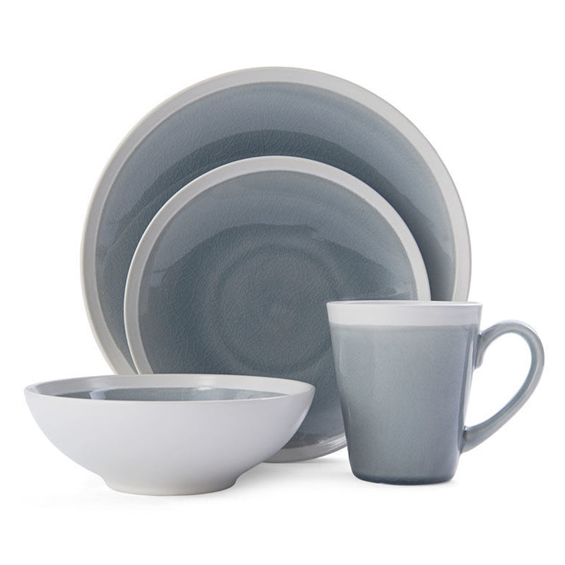 Mikasa Brielle dinnerware set with blue mug, white bowl, and blue dinner plates for 4