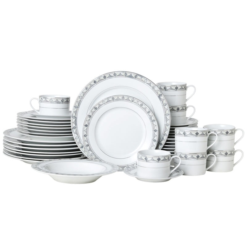 Grey patterned dinnerware set for 8 with plates, bowls, and mugs, 40-piece