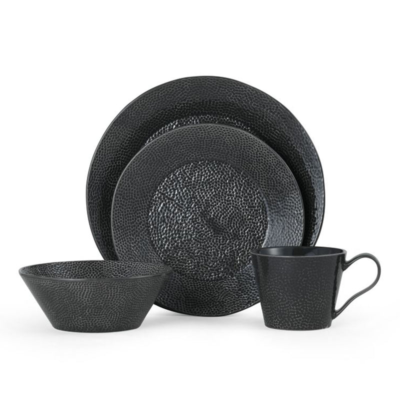 Dark gray textured ceramic dinnerware set for 4 with plates, bowls and mugs.