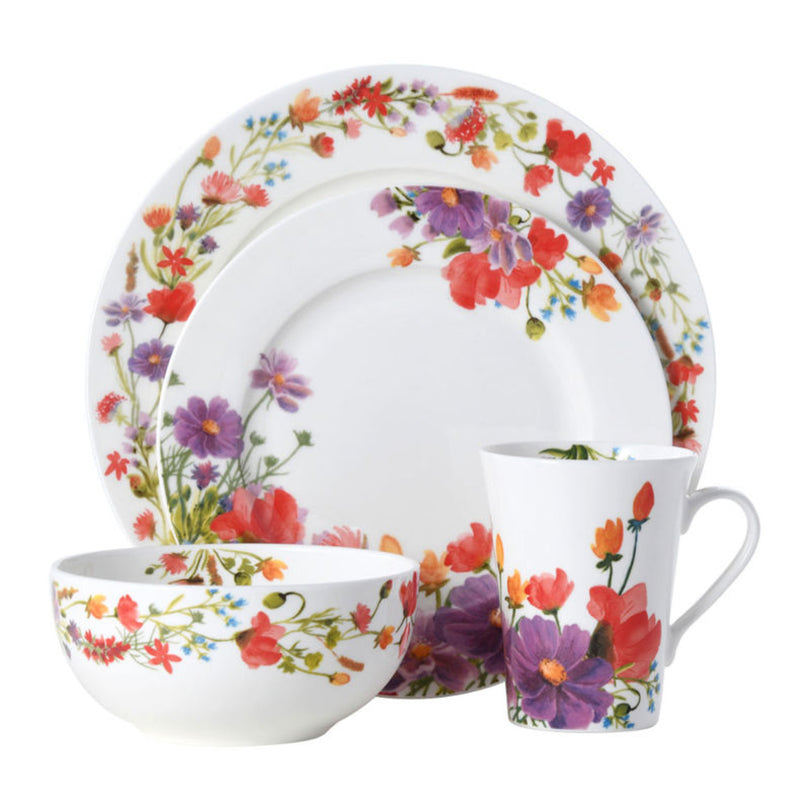 Floral dinnerware set with plate, bowl, and mug—white with colorful flowers and leaves