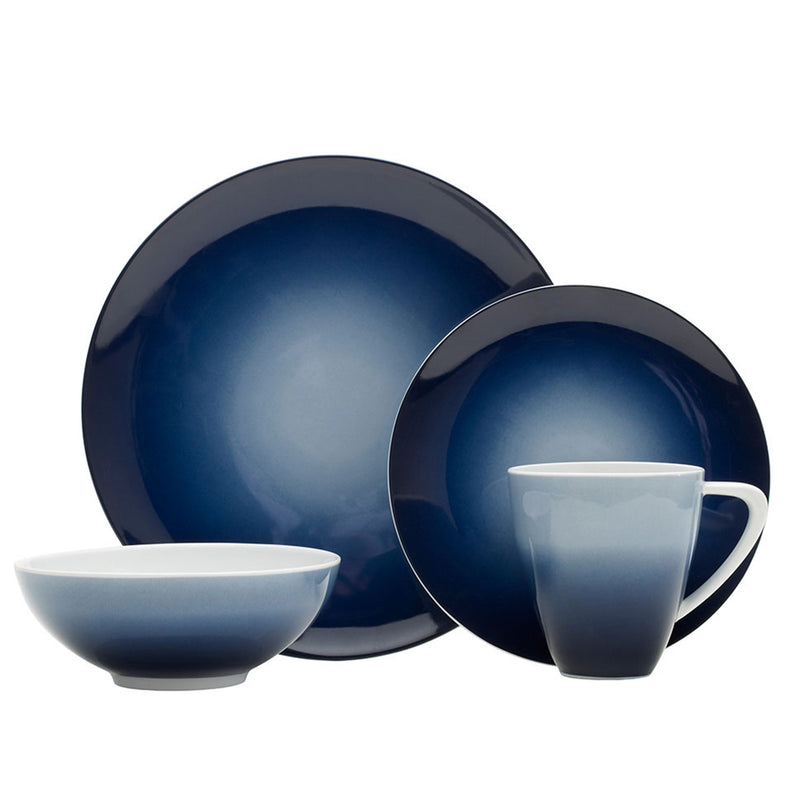 Mikasa Naya blue dinnerware set with dinner plate, bowls, and cup