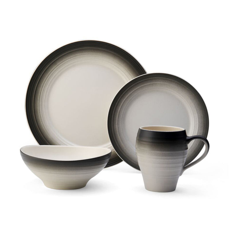 Graphite ombre 4-piece ceramic place setting with dinner plate, side plate, bowl, and mug