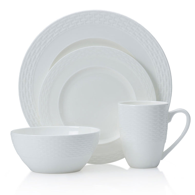 Mikasa Ortley dinnerware set with embossed plates, bowls, and handled mugs (service for 4)