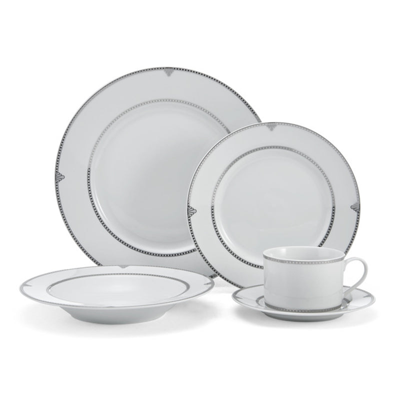 Dinnerware set with beaded blue border, plates, bowls, teacups and saucers