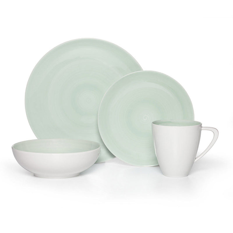 Teal dinnerware set with plates, bowls, and white mug