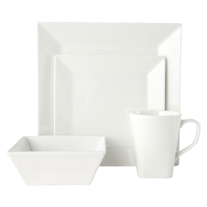 Mikasa Delray Square dinnerware set for 4, white square plates, bowl, mug