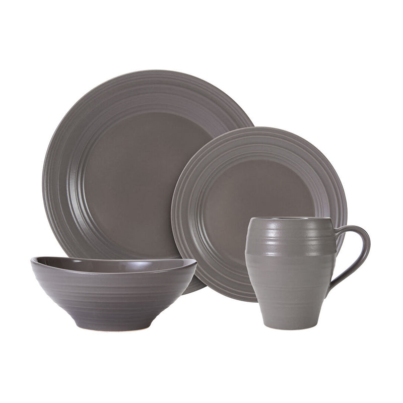 Mocha swirl dinnerware set with stack plates, cereal bowl, and coffee mug