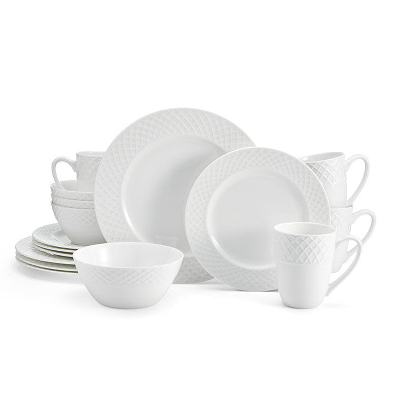 Mikasa Trellis 16-pc dinnerware set with white plates, bowls, and mugs