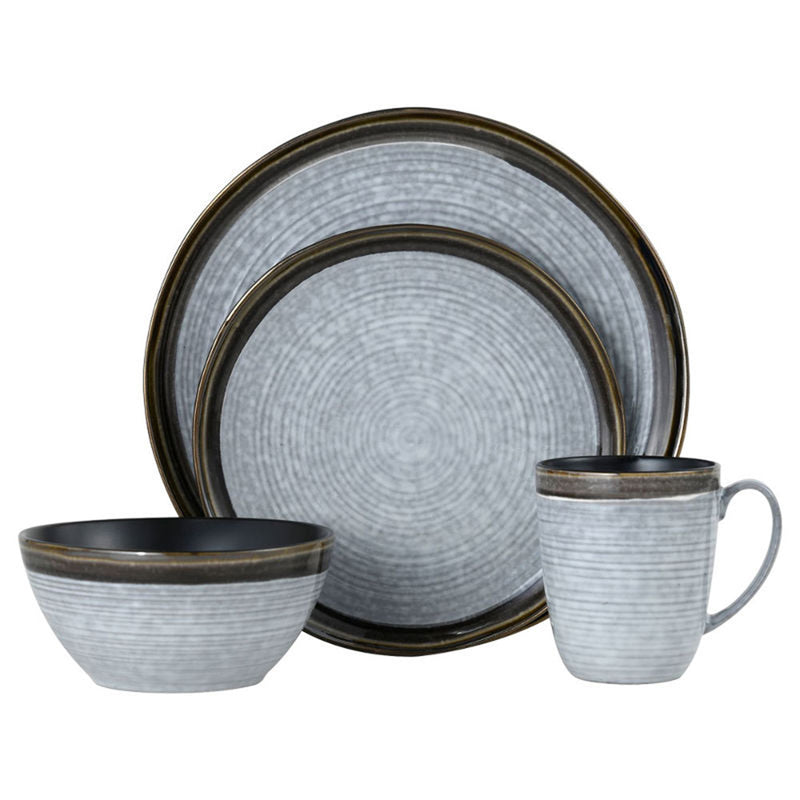 Mikasa Willa 16-pc dinnerware set in gray with brown rim—plate, bowl, and mug