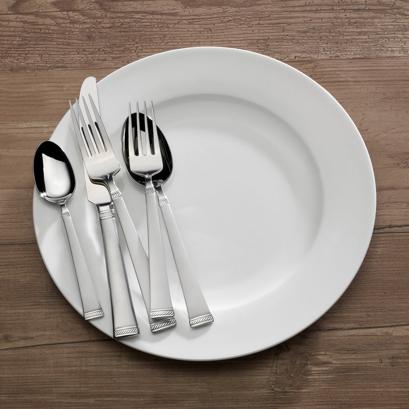 Mikasa Meris Frost silver-tone spoon and forks on white plate