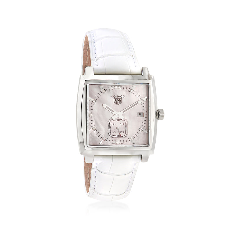 Square stainless steel watch with white leather strap and silver dial with subdials